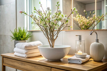 Spa bathroom, floral centerpiece, towels, calm background, serenity