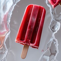 Summer's Sweet Escape: A Vibrant Red Popsicle with a Creamy Center, Melting Delightfully on a Bed of Crushed Ice.
