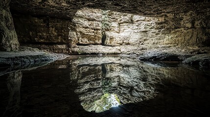 Cave Interior with Still Water Reflecting Light and Rock Formations