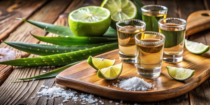 A close-up shot of a traditional tequila flight with agave plant, cut limes and salt on a wooden board, highlighting the colors and textures of the ingredients , lime, salt