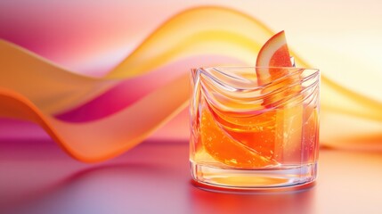 A self-mixing fruit juice with magnetic stirring technology, liquid swirling dynamically, futuristic minimalistic glass, sleek AI-driven beverage innovation