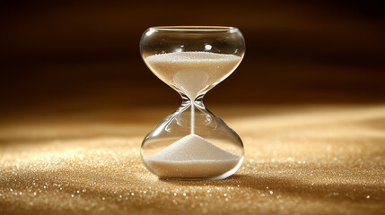 Elegant hourglass filled with white sand resting on a shimmering golden surface reflecting light and emphasizing the passage of time. Generative AI