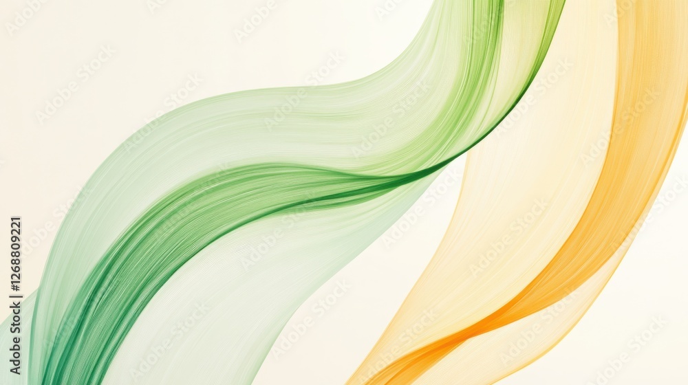 Poster minimalist design featuring smooth arcs of pencil in soft green and orange tones on a light backgrou