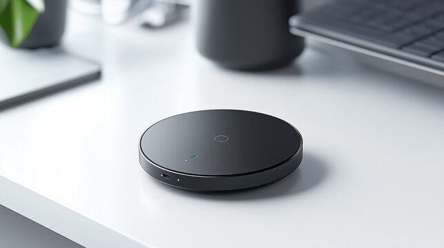 Charging device placed on a tidy desk beside a laptop and other office supplies during daylight hours. Generative AI