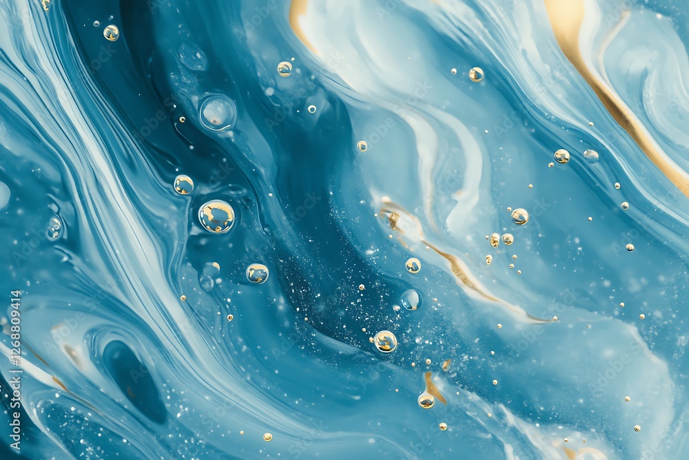 Poster water splashes and bubbles on blue background with bokeh effect