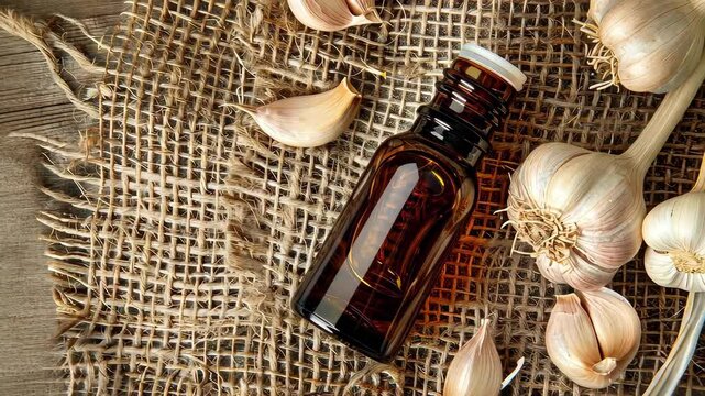 garlic essential oil on burlap background