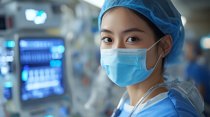 Portrait of a Female Doctor Wearing a Mask cap face blue care nurse   
