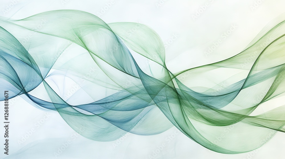 Poster flowing ribbons of pencil strokes create an elegant and tranquil atmosphere in soft green and blue h