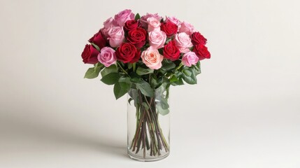 Fototapeta premium Beautiful bouquet of fresh roses in various shades of pink and red, elegantly arranged in a glass vase