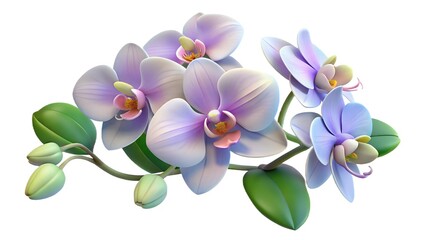 3D-rendered orchids, gracefully curved stems, polished plastic texture, isolated on a white background. For wedding invitations, delicate floral-themed designs, high-end marketing materials