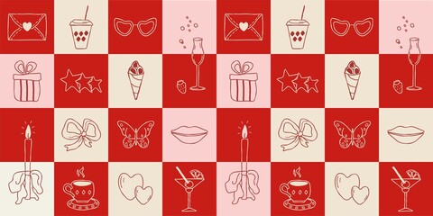 seamless pattern of hand drawn simbol  for a party with doodles. bow, dessert, gift, strawberries, balls: isolated elements. of icon sketches for invitation, flyer, poster. cute art  illustration