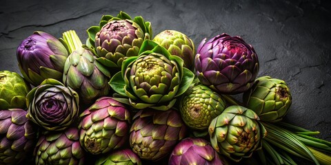 Fototapeta premium Fresh Artichokes in Various Shades on Dark Textured Background