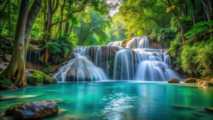 Obraz premium Waterfall cascade in dense forest, crystal clear water