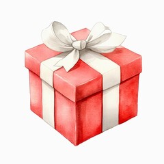 Obraz premium Watercolor illustration of a red gift box with white ribbon and bow isolated on white background.