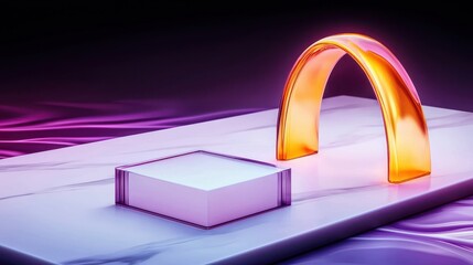 Abstract Product Display Modern Glass Cube and Golden Arch on Marble Platform