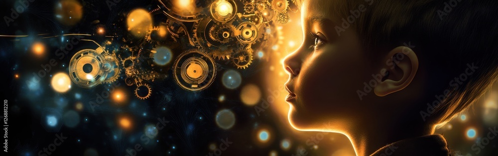 Aufkleber visual representation of a glowing child surrounded by dreamy gears and light