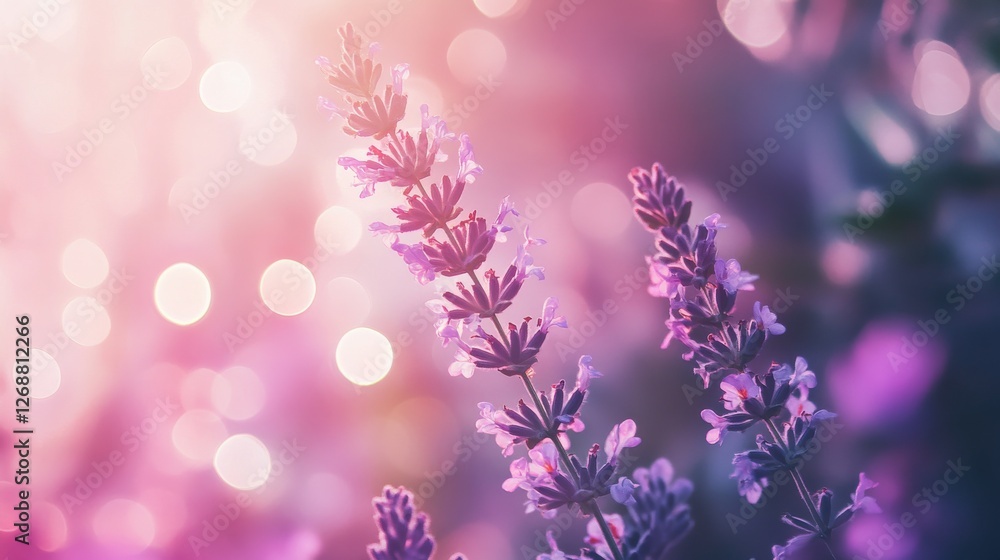 Poster vibrant lavender blooms with soft glowing background in a serene garden setting