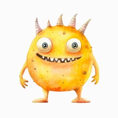 Watercolor illustration of a funny little yellow monster isolated on white background.