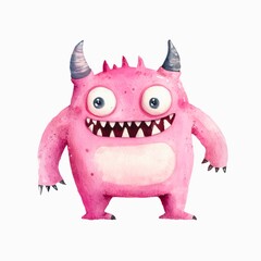 Watercolor illustration of a funny little pink monster isolated on white background.
