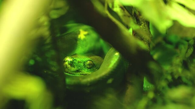 Green tree python hiding in lush foliage, close up view