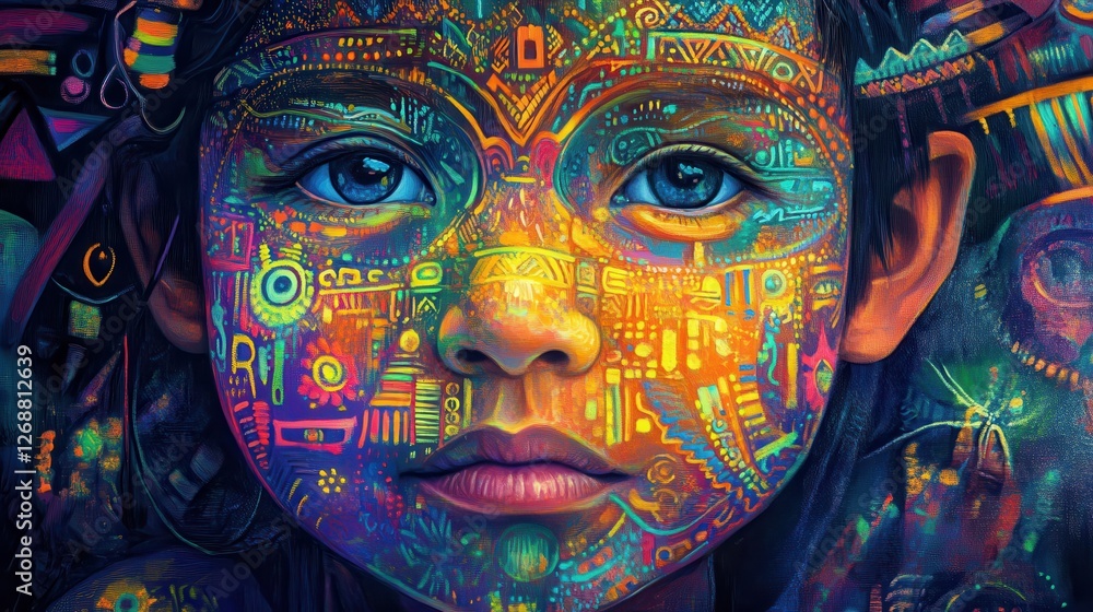 Leinwandbilder Vibrant face of a child illuminated with colorful patterns and designs, showcasing wonder and creativity in a captivating artwork