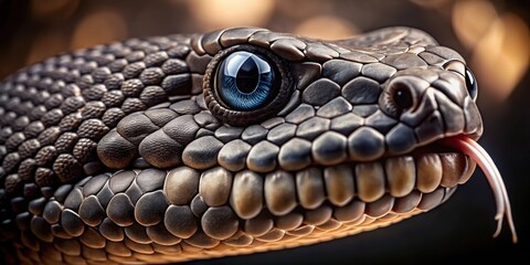 Fototapeta premium Dark, scaly face with piercing gaze and forked tongue exposed, venomous snake, closeup, venomous snake