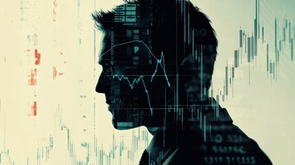 Trader silhouette reflecting on stock market trends and financial data analytics during a busy trading session