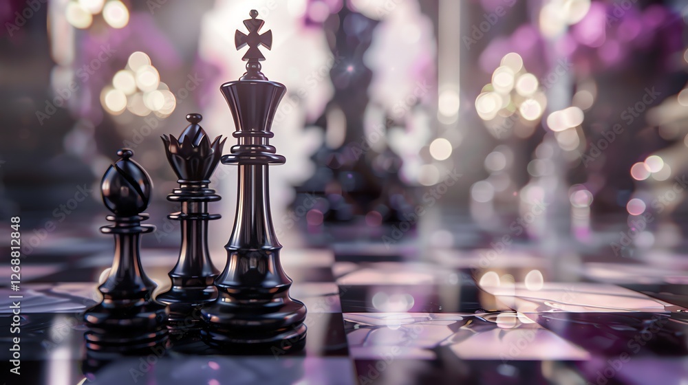 Poster 3d rendering of black chess pieces on a marble chessboard. the background is a blurred out version o