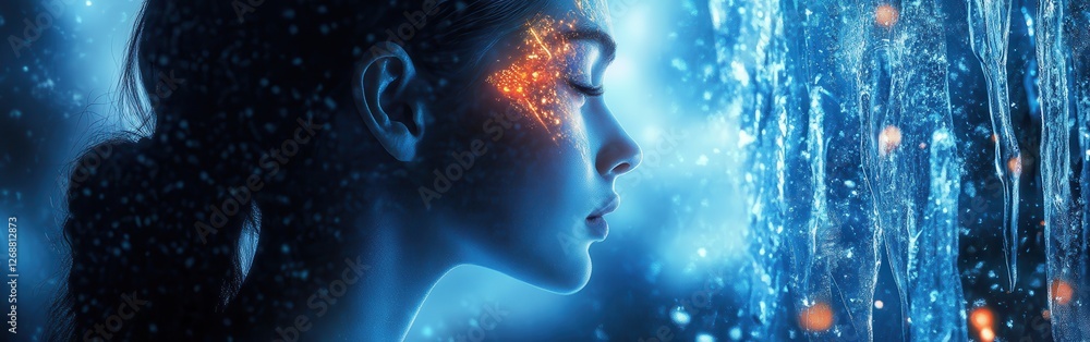 Leinwandbilder surreal representation of a glowing woman in an enchanting setting at twilight surrounded by sparkli