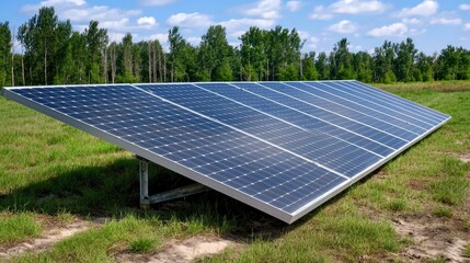 Solar panels in field, energy production, rural landscape, clean energy