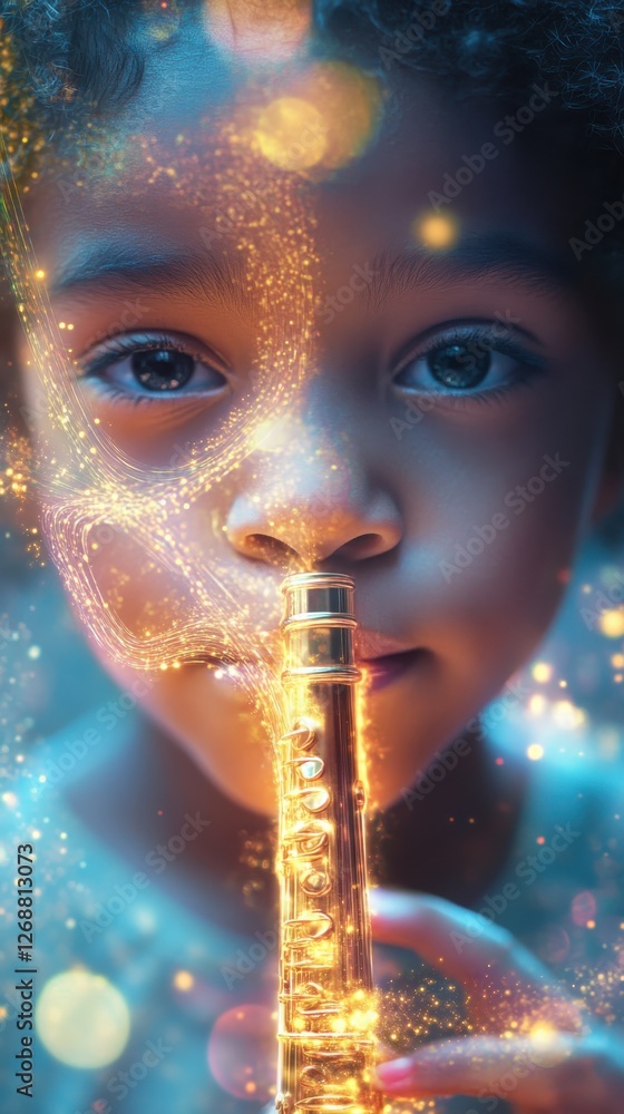 Poster surreal portrait of a child playing a flute surrounded by ethereal light and color in a dreamlike at