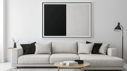 A minimalist living room with a white frame featuring black-and-white art above a neutral-colored sofa. HD 8K mockup wallpaper Photographic Image
