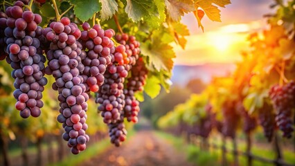 Dense clusters of ripe red grapes hanging from a vine branch amidst the lush green foliage of an old wine grape vineyard at sunset, vineyard, earthy tones