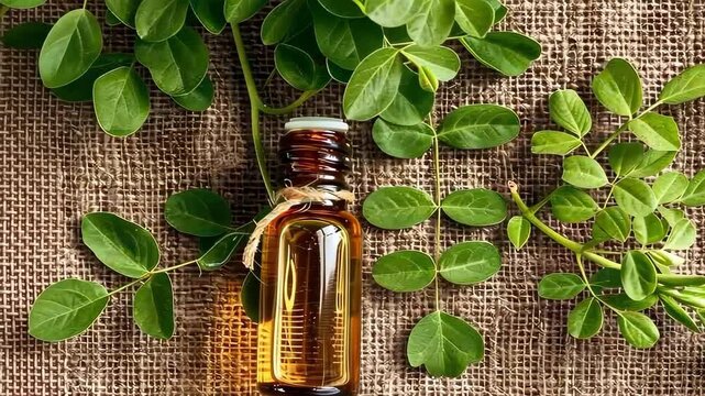 moringa essential oil on burlap background