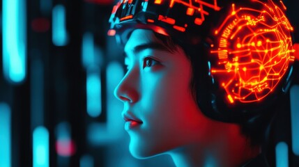 AI brain with glowing neural connections, digital data streams flowing around, futuristic cybernetic intelligence visualization