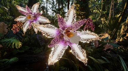 Exotic orchids in a sunlit jungle stream