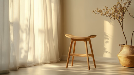 Sunlight softly illuminates a wooden stool by a window, highlighting the beauty of simplicity and tranquility in a serene indoor setting. Generative AI