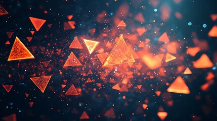 A captivating abstract illustration featuring dynamic orange triangles floating in a dark background. Ideal for digital design projects, advertisements, and modern art themes.
