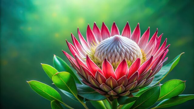 Detailed image of a large Madiba Protea flower on a lush vibrant green background with intricate texture and subtle shading, detailed, vibrant green