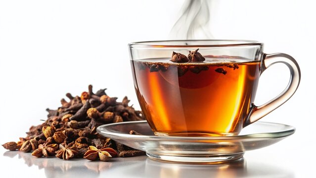 Aromatic Cloves Tea: Warm Drink in White Mug, Isolated Background