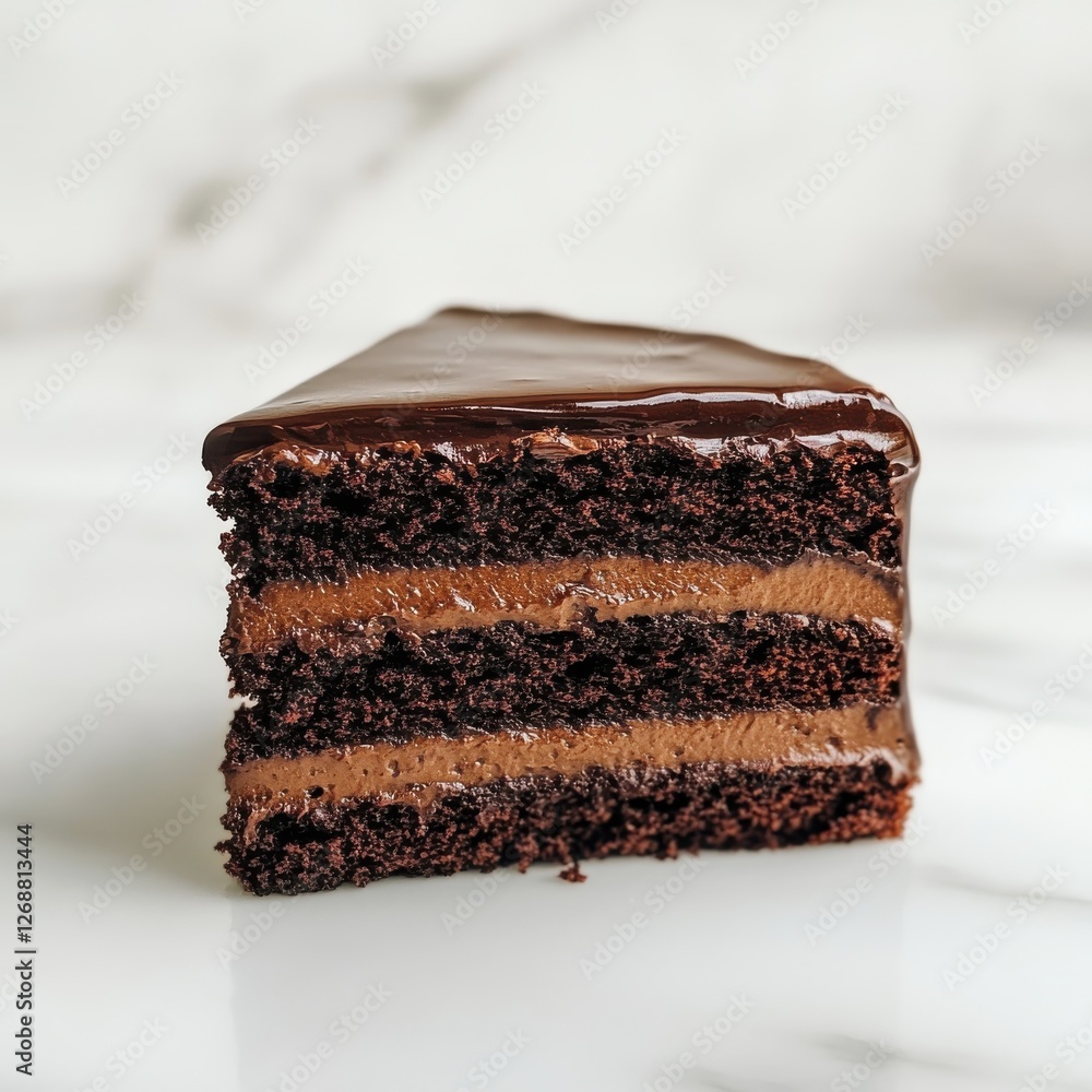 Poster Rich chocolate cake slice with decadent layers presented on a marble counter top