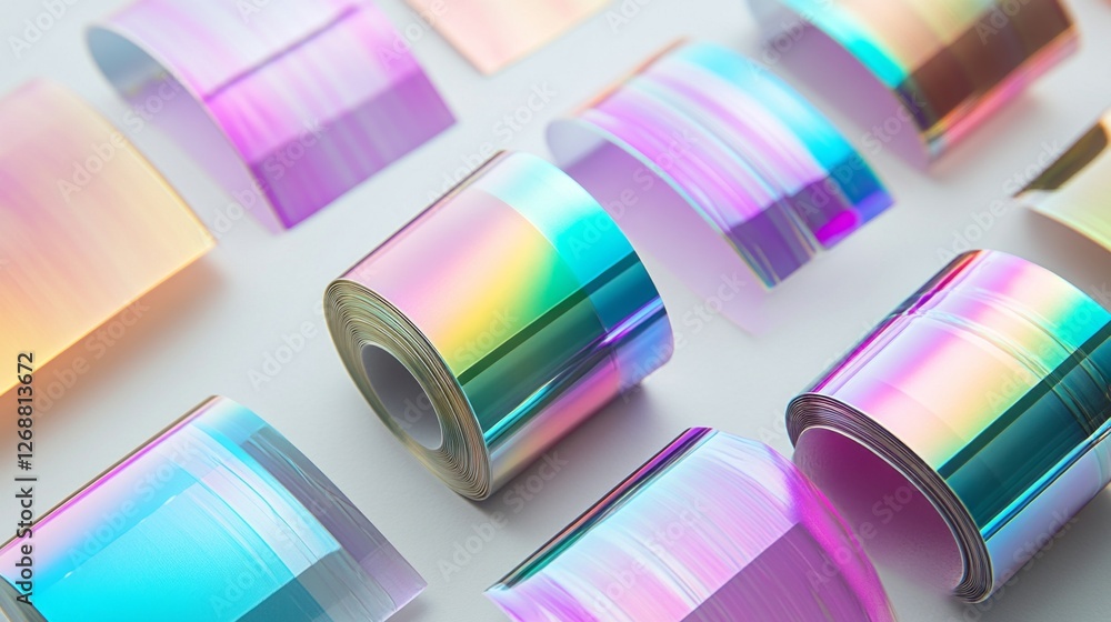 Poster Vibrant holographic stickers in varying sizes and designs are arranged creatively on a smooth surface, reflecting light and creating a mesmerizing display of colors and texture