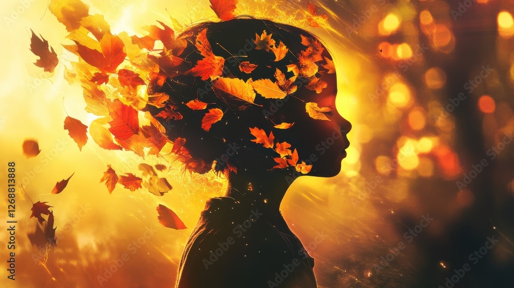 Poster child with glowing silhouette surrounded by falling autumn leaves in a serene forest setting during 
