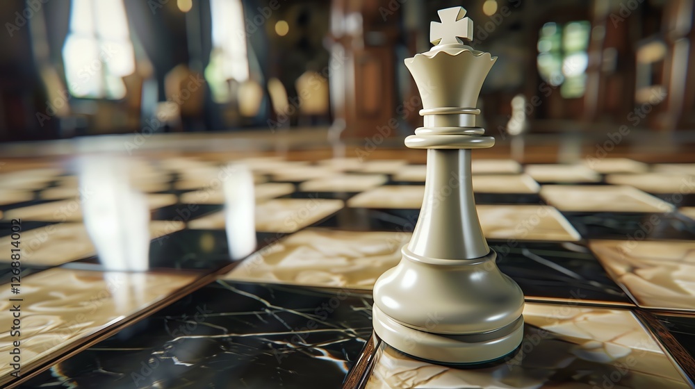 Poster 3d rendering of a white chess queen standing on a marble chessboard. the queen is in the foreground 