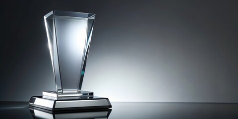 A glass trophy with a reflective surface sits atop a gray background, showcasing its sleek design and shiny appearance, shining glass, pedestal