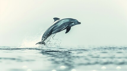 Fototapeta premium A happy cartoon dolphin leaping out of the water, depicted on a clean white background.
