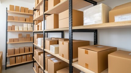 Organized Storage Space with Brown Cardboard Boxes on Shelves in Modern Warehouse Environment
