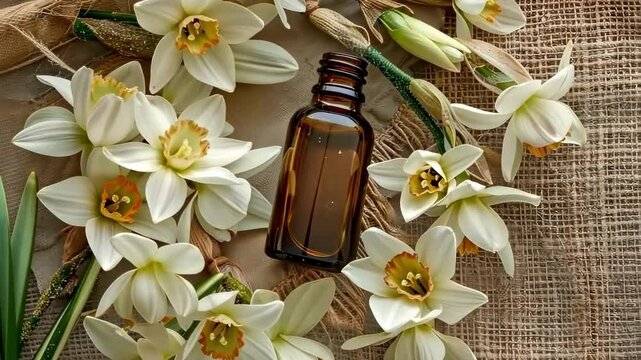 narcissus essential oil on burlap background