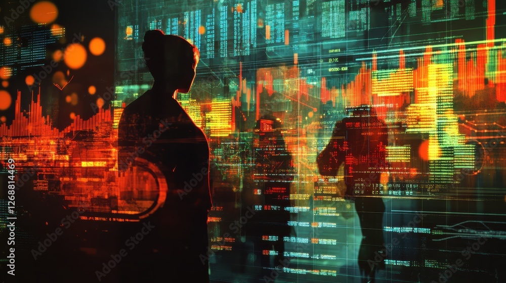 Poster silhouettes of individuals engaging with digital data in a high-tech environment