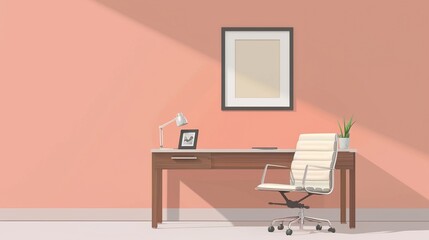 A minimalist office with a framed picture above a desk and a comfortable chair.  HD 8K mockup wallpaper Photographic Image